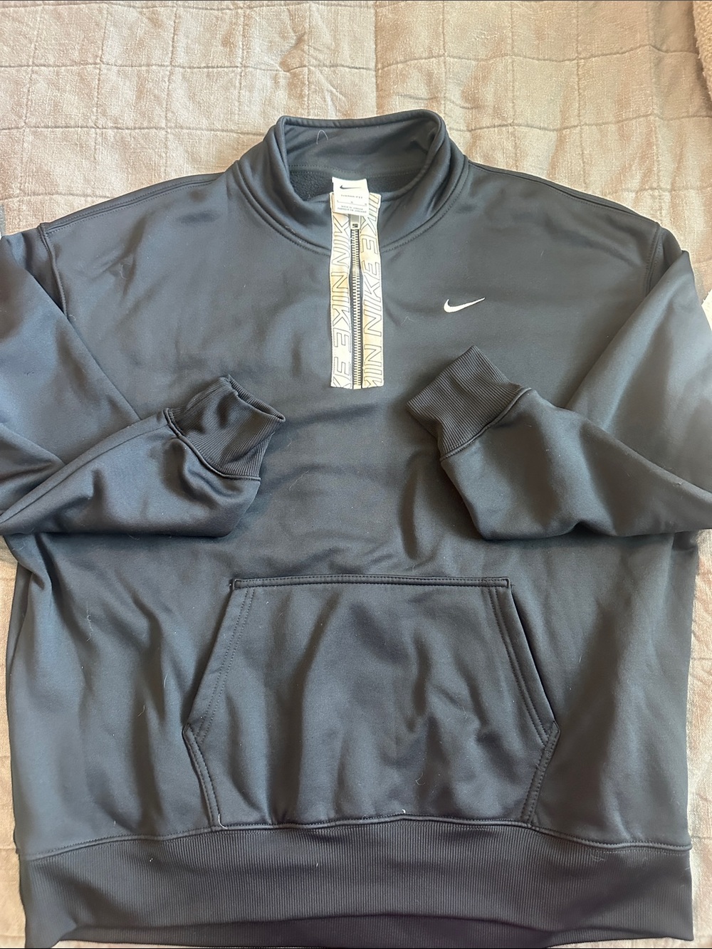 Nike Black V-Neck Pullover with White Swoosh and Branded Zip Placket